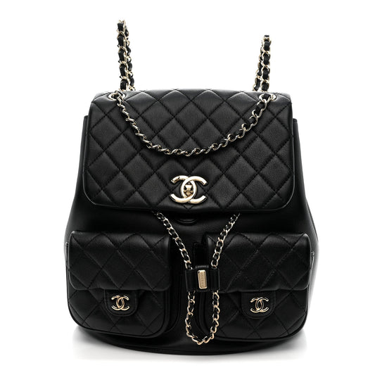 Calfskin Quilted Large Duma Pockets Drawstring Backpack Black