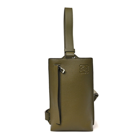 Soft Grained Calfskin Vertical T-Pocket Crossbody Bag Khaki Green