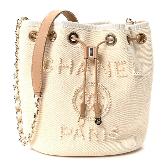 Canvas Pearl Deauville Drawstring Bucket Bag Ecru Beige