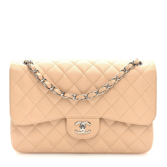 Caviar Quilted Jumbo Double Flap Beige