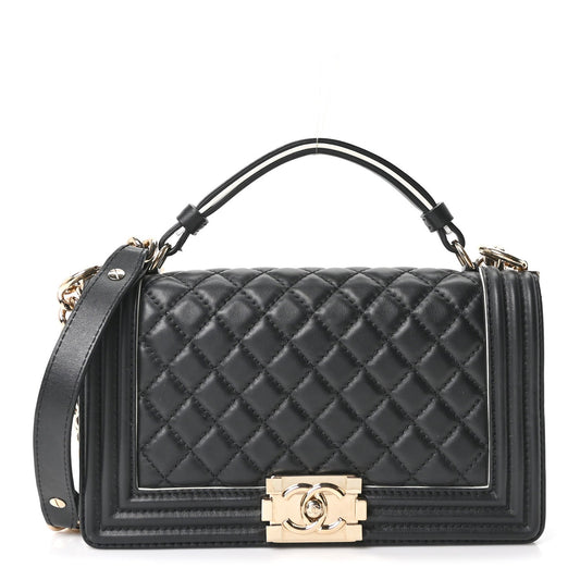 Calfskin Quilted Medium Boy Top Handle Flap Black