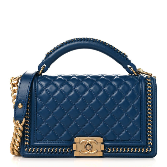 Calfskin Quilted Medium Boy Top Handle Flap Blue