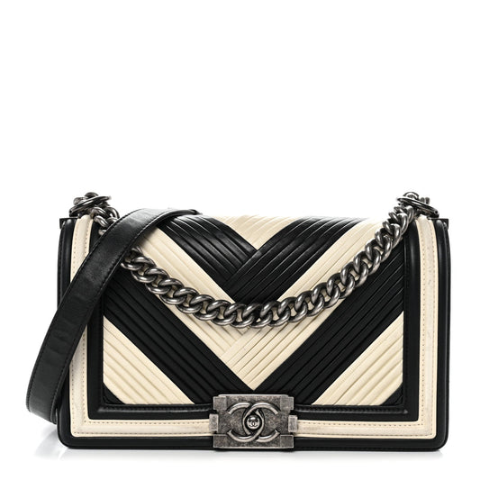 Calfskin Pleated Medium Boy In Rome Flap Black White