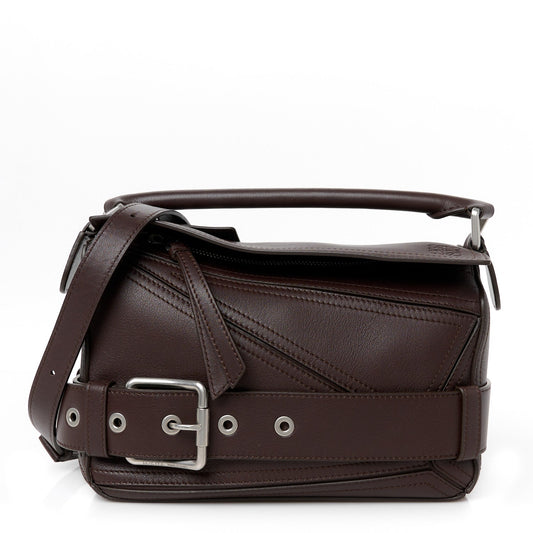 Shiny Calfskin Small Puzzle Biker Bag Dark Brown