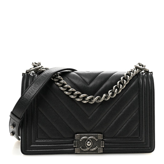 Caviar Chevron Quilted Medium Boy Flap Black