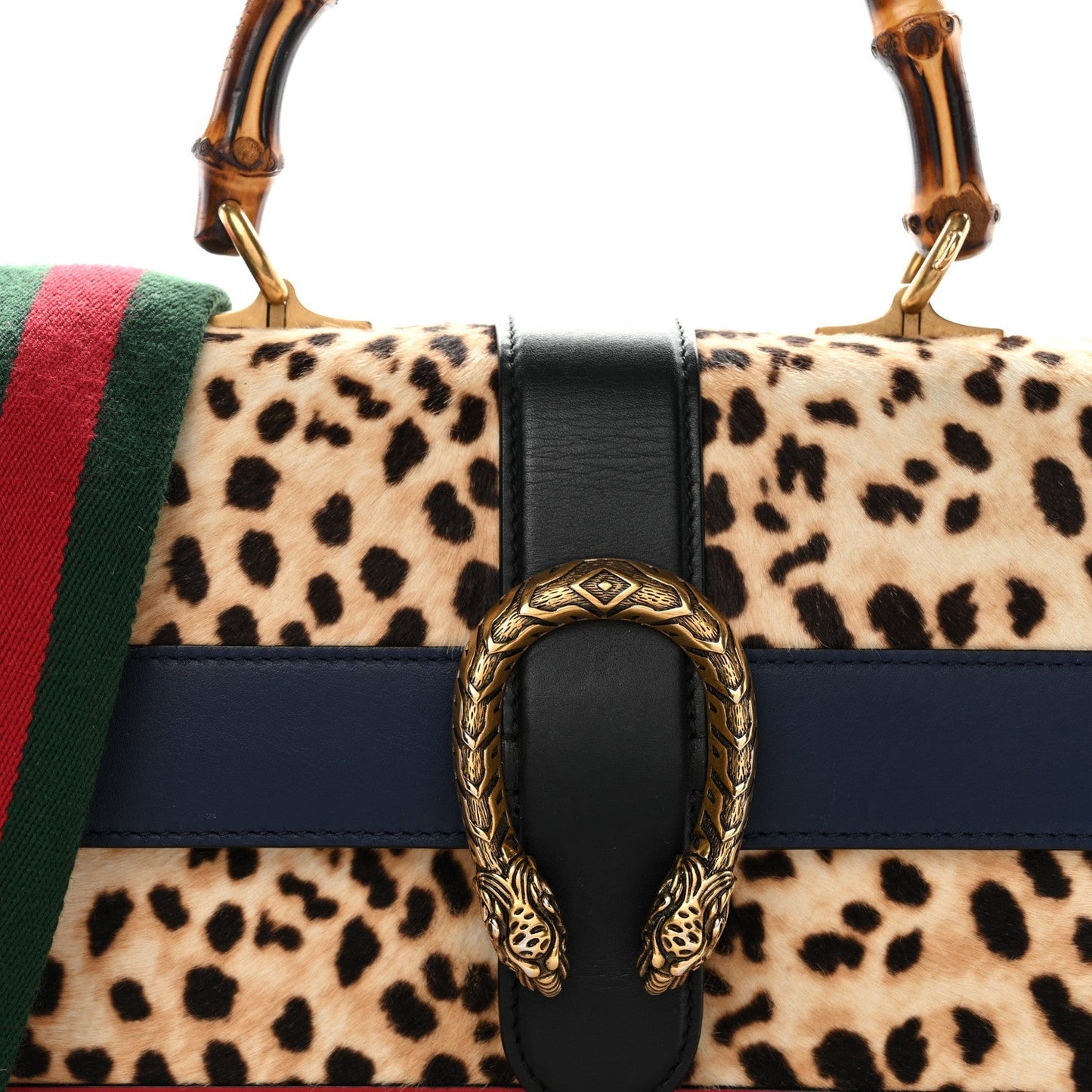 Calf Hair Calfskin Bamboo Web Leopard Print Medium Dionysus Top Handle Bag Natural Blue Agata Hibiscus Red