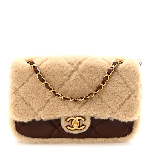 Shearling Lambskin Quilted Furry Coco Flap Beige Dark Brown