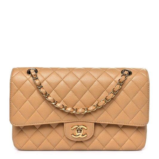 Caviar Quilted Medium Double Flap Beige