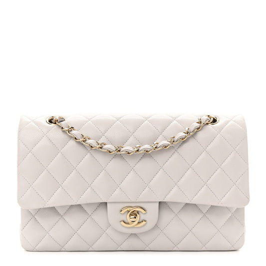 Caviar Quilted Medium Double Flap Light Grey