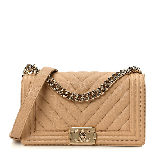 Caviar Chevron Quilted Medium Boy Flap Beige