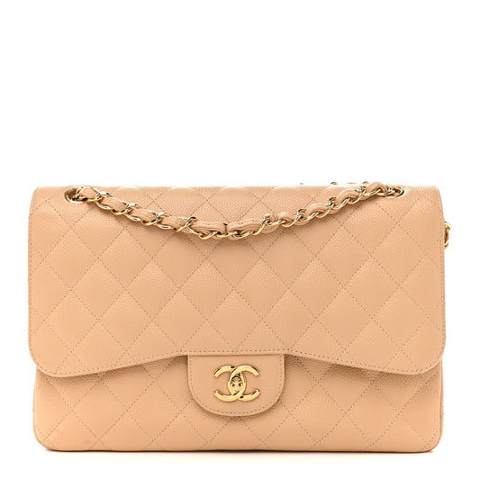 Caviar Quilted Jumbo Double Flap Beige
