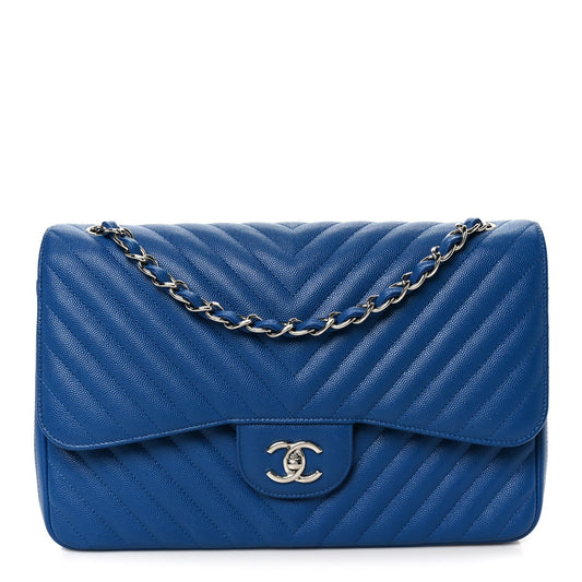 Caviar Chevron Quilted Jumbo Double Flap Blue