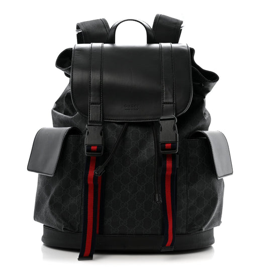 Soft GG Supreme Monogram Calfskin Web Double Buckle Backpack Black