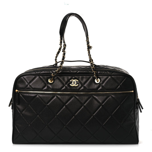 Shiny Grained Calfskin Quilted Large Travel Bowling Bag Black