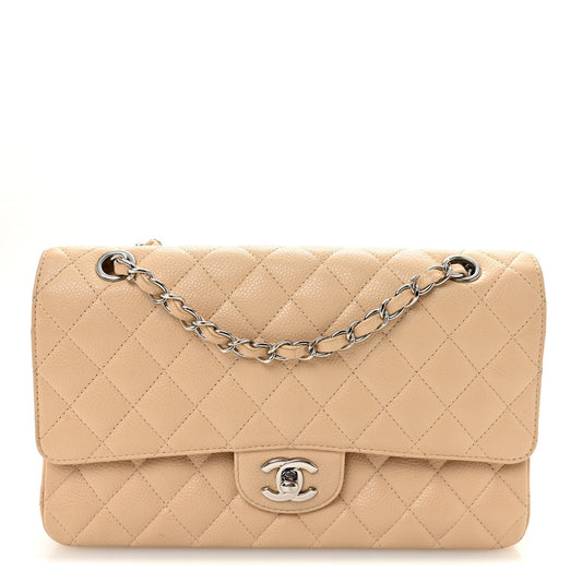 Caviar Quilted Medium Double Flap Beige Clair