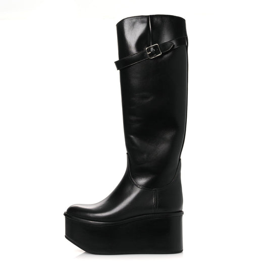 Calfskin Wedge Riding Boots 38 Black