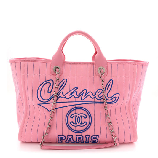 Canvas Calfskin Striped Large Deauville Tote Pink Blue