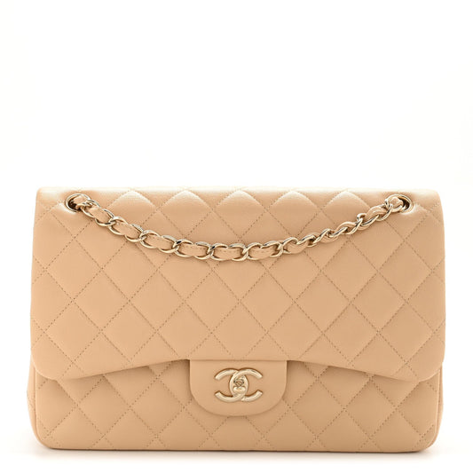 Caviar Quilted Jumbo Double Flap Beige
