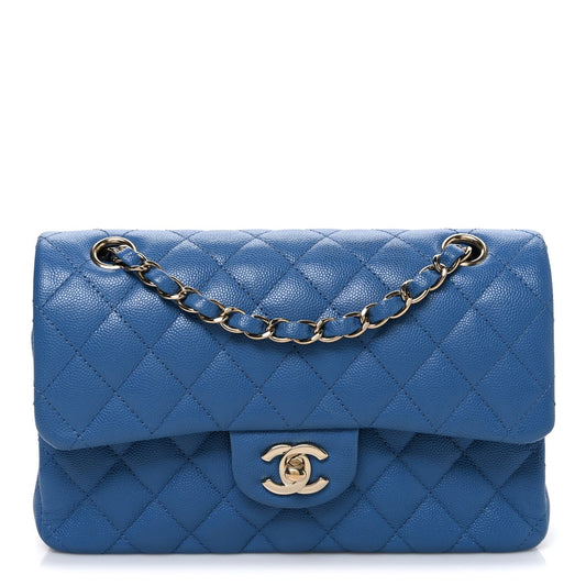 Caviar Quilted Medium Double Flap Blue