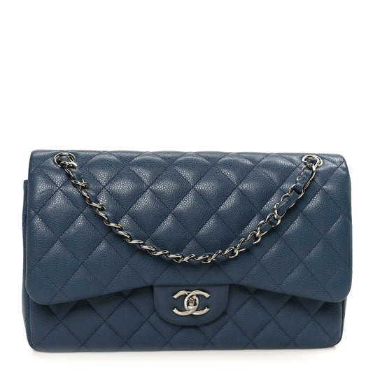 Caviar Quilted Jumbo Double Flap Blue