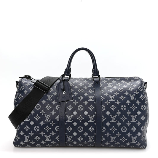 Calfskin Shadow Monogram Keepall Bandouliere 50 Ink Blue White