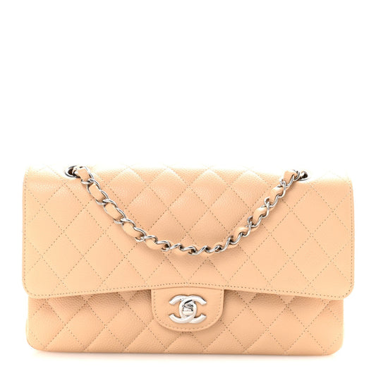 Caviar Quilted Medium Double Flap Beige