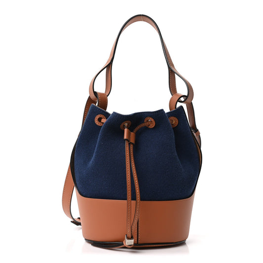 Canvas Calfskin Balloon Bucket Bag Navy Tan
