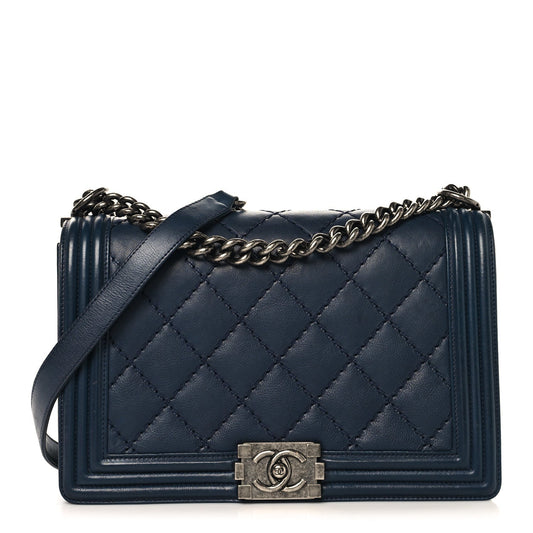 Calfskin Quilted Double Stitch New Medium Boy Flap Navy Blue