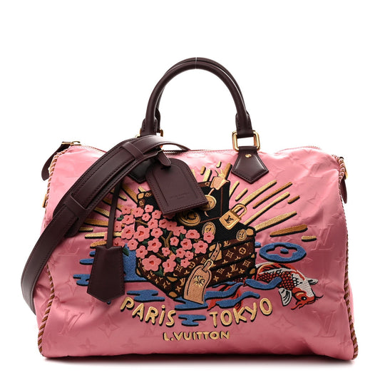Satin Monogram Paris Tokyo Embroidered Speedy P9 Bandouliere 40 Dark Pink