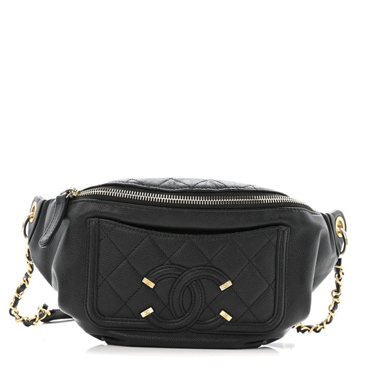 Caviar Quilted Filigree Waist Bag Black