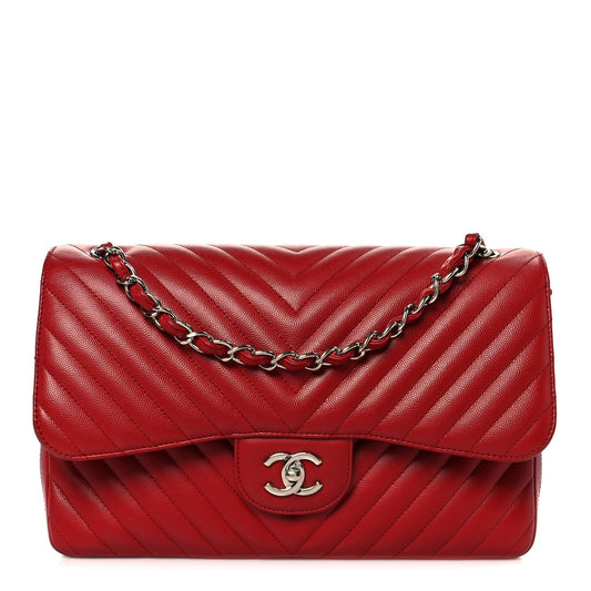Caviar Chevron Quilted Jumbo Double Flap Dark Red