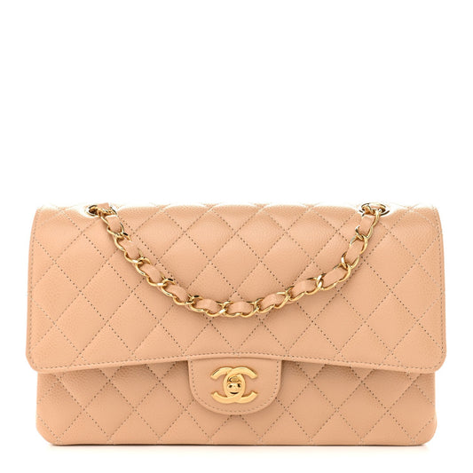 Caviar Quilted Medium Double Flap Beige