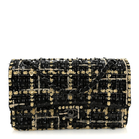 Satin Sequin Embroidered Medium Double Flap Black