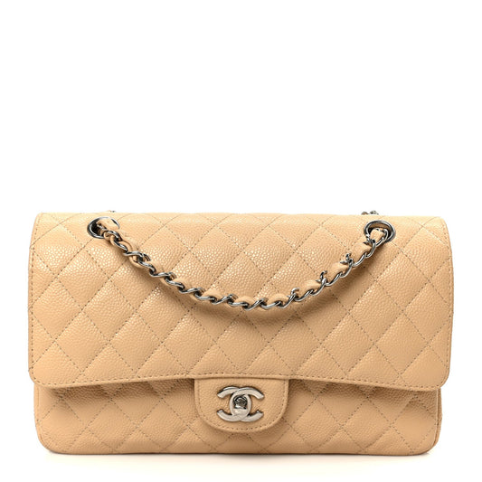 Caviar Quilted Medium Double Flap Beige