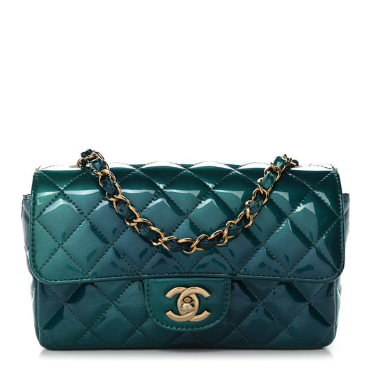 Shaded Patent Calfskin Quilted Mini Rectangular Flap Green Blue
