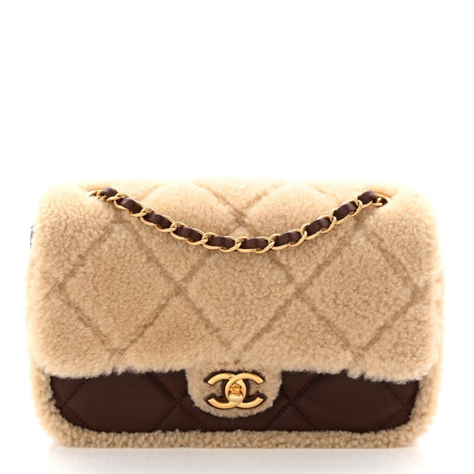 Shearling Lambskin Quilted Furry Coco Flap Dark Brown Beige