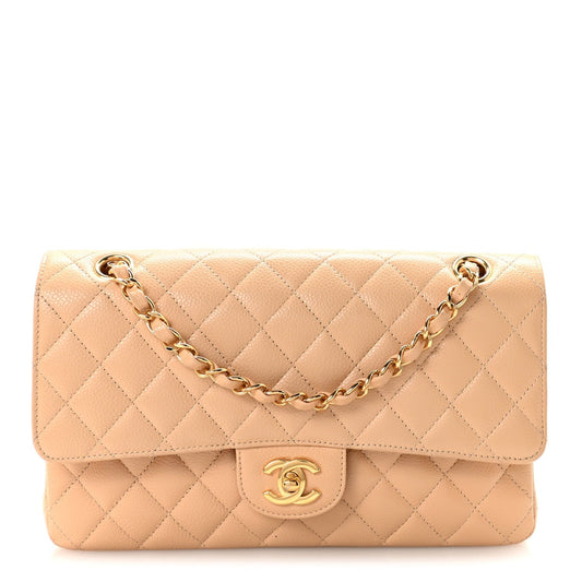 Caviar Quilted Medium Double Flap Beige