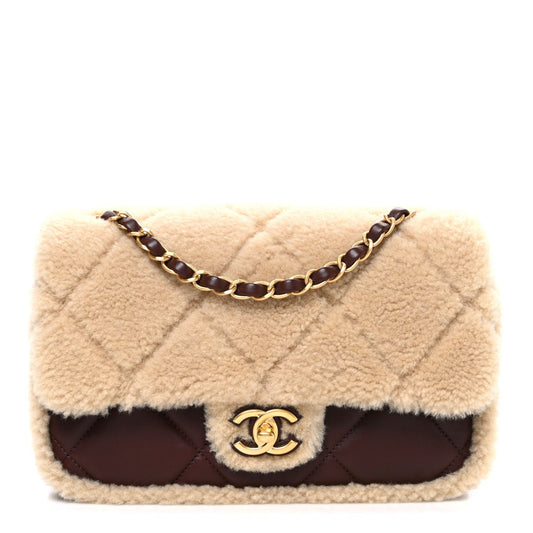 Shearling Lambskin Quilted Furry Coco Flap Dark Brown Beige
