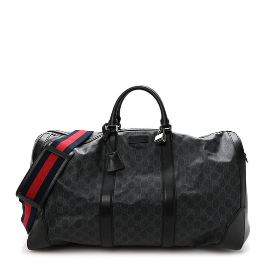 Soft GG Supreme Monogram Appia Calfskin Web Large Carry On Duffle Bag Black Grey
