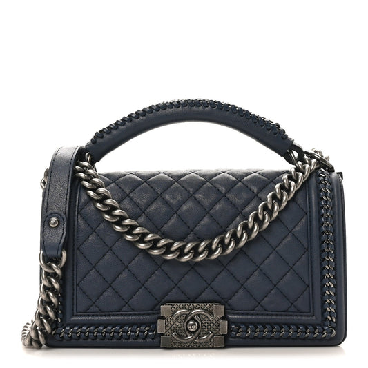 Calfskin Quilted Medium Top Handle Boy Flap Blue