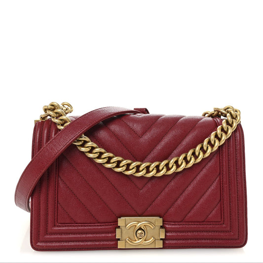 Caviar Chevron Quilted Medium Boy Flap Dark Red
