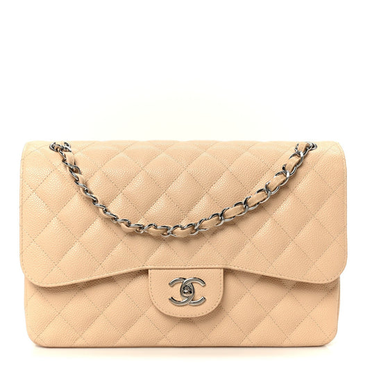 Caviar Quilted Jumbo Double Flap Beige Clair