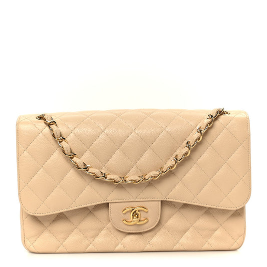 Caviar Quilted Jumbo Double Flap Beige