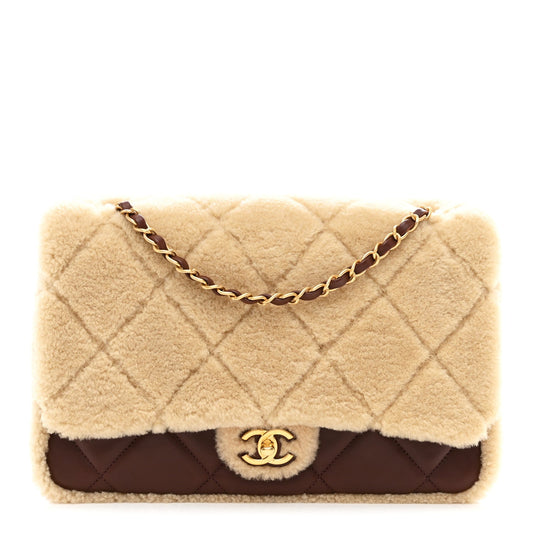 Shearling Lambskin Quilted Large Furry Coco Flap Dark Brown Beige