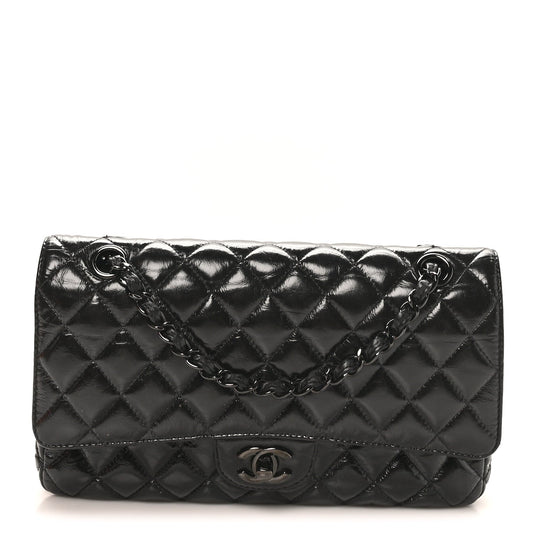 Shiny Crumpled Calfskin Quilted Medium Double Flap So Black