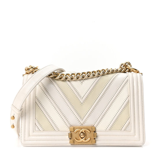 Caviar Calfskin Chevron Medium Boy Flap White