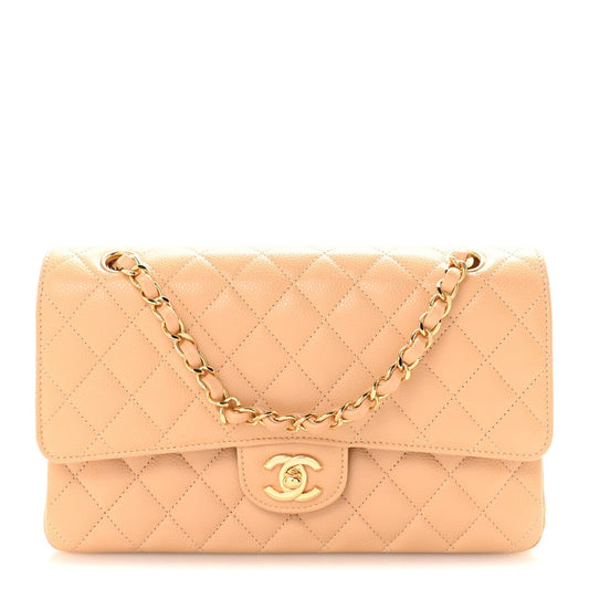 Caviar Quilted Medium Double Flap Beige