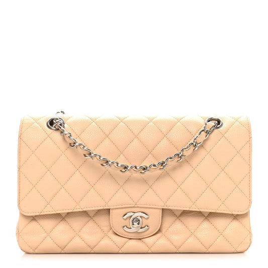 Caviar Quilted Medium Double Flap Beige