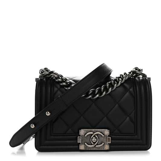 Calfskin Quilted Small Boy Flap Black