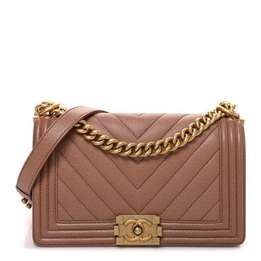 Caviar Chevron Quilted Medium Boy Flap Dark Beige